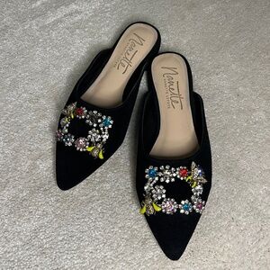 Nanette Lepore Black Suede Ornamented Slides Size 6